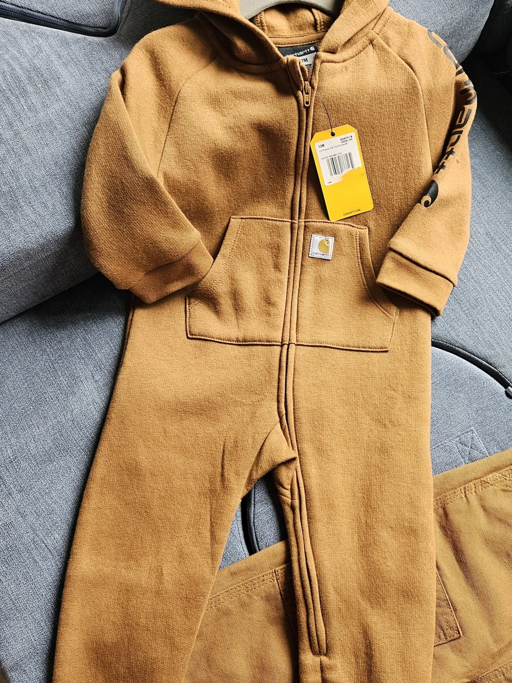 Carhartt 12 Month Boys Hooded Sweatshirt Onesie, Bib Overall & Gray Bodysuit Set
